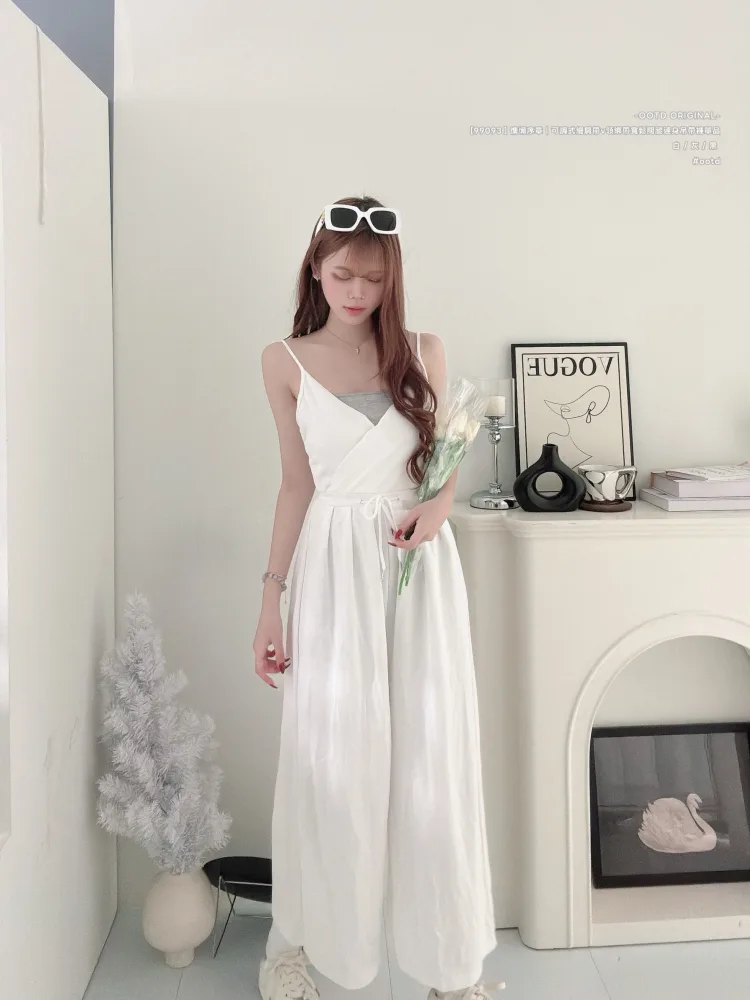 -OOTD ORIGINAL- [99093] 慵懶序章｜可調式細肩帶V領綁帶寬鬆闊腿連身吊帶褲單品