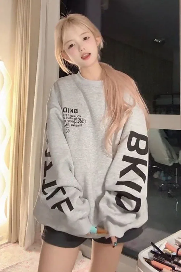 柔💕加厚版（另一個是薄款）美式復古oversize慵懶風寬鬆字母印花衛衣女春秋國潮無帽上衣外套