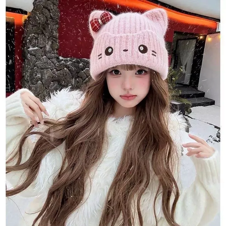 柒💕可愛日系貓咪蝴蝶結針織帽子秋冬季套頭百搭保暖顯臉甜美毛線帽